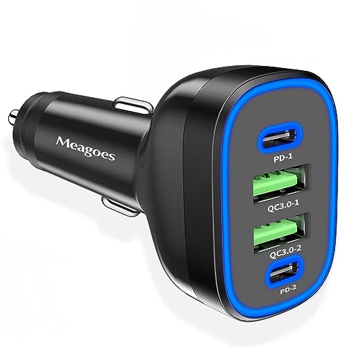 USB C Car Charger, Meagoes 72W 4 Ports Super Fast Automobile Charger Compatible for iPhone 15 Pro/Max/14/13/12/11/iPad Air, Samsung Galaxy S24/S23 Plus/Ultra/S22 Type C Cigarette Lighter USB Charger