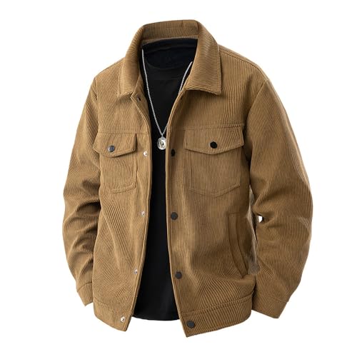 HBER Corduroy Jacket for Men Button Down Vintage Long Sleeve Fall Shirts Casual Western Shacket Jacket with Flap Pockets, Coffee, X-Large