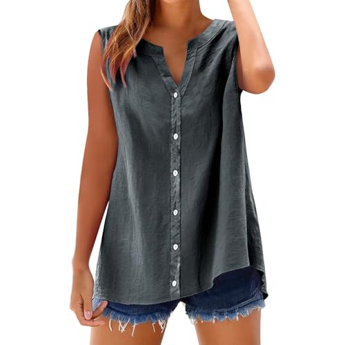 Linen Tank Tops Womens Sleeveless Tops Dressy Casual Button Down Collared Shirt Loose Fit Blouse Work Office Outfits