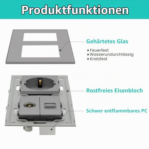 BSEED Schuko Steckdose mit 1/2 TV-Antenne Koaxial- und RJ55-Cat5e-Ethernet Kristall Glas Unterputz Steckdose Verlängerungssteckdosen… – Ansicht 3