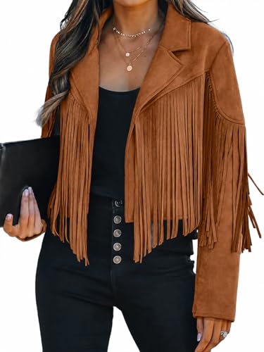 Bibowa Vestes en similicuir suédé pour femme - Veste courte tendance d'automne avec franges western - Veste de moto à franges 2025 avec glands, peau, S
