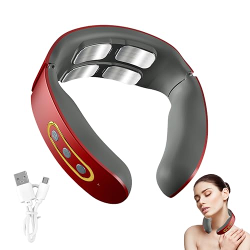 livre Masseur Cervical Shiatsu avec Chauffage 42°C, 4 Têtes à Impulsion, 6 Modes & 9 Niveaux, Design U Portable et Rechargeable, Masseur electrique sans fil,Cadeau femme homme maman (Rouge)