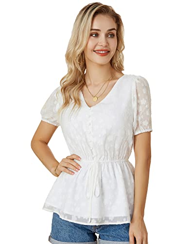 Damen Puffärmel Chiffon Bluse V-Ausschnitt Swiss Dot Oberteile A-Linie...