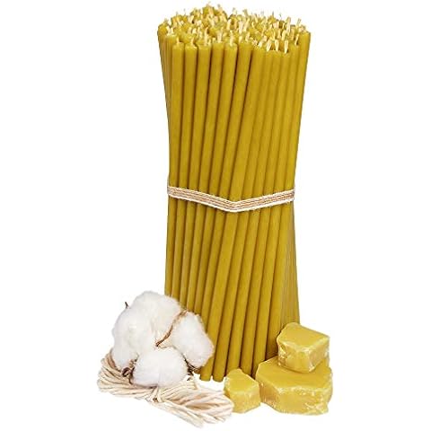 Diveevo Church Beeswax Candles No. 80 Amber 100 Pieces I Ritual Candles L 18.5 cm Diameter 6.1 mm I 60 Min Burning Time in Honey Yellow I 500 g Thin Candles Drip and Smokeless Cover