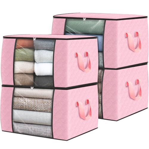 Image of Fab totes 4 Pack Clothes Storage, Foldable Thick Fabric Blanket Storage Bags, Containers for Organizing Bedroom, Closet, Clothing, Comforter, Organization with Handle,Pink