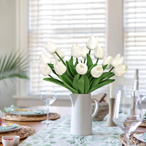Image of Bassion 30 Pcs White Fake Tulips Artificial Flowers for Decoration | Real touch, PU faux tulips flowers, artificial plants indoor, for home decor wedding Mother's Day spring Easter decorations