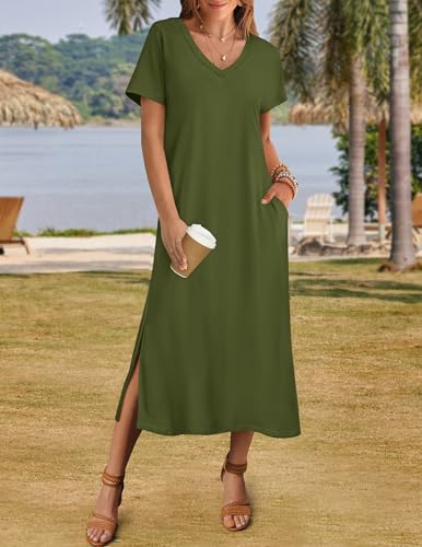 Image of Zeagoo Women Summer Floral Dress Short Sleeve Beach Dress with Pockets Casual V-Neck Split Long T-Shirt Dress Travel Vacation