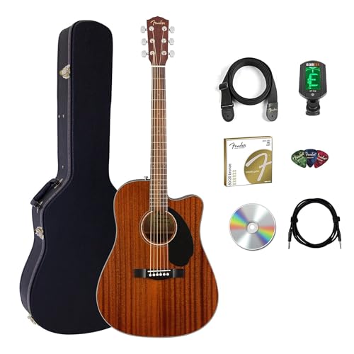 Fender CD-60SCE Solid Top Dreadnought Acoustic-Electric Guitar - All Mahogany Bundle with Hard Case...