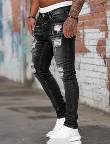 Image of HUNGSON Men's Blue Slim Fit Jeans Stretch Destroyed Ripped Skinny Jeans Side Striped Denim Pants