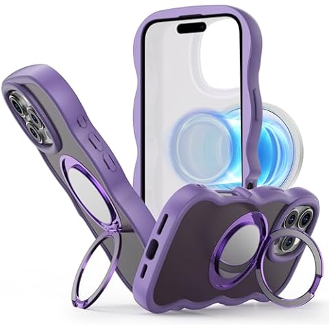 ANSIWEE for iPhone 16 Pro Max Magsafe Case, Military-Grade Protection, Built-in 360 Degree Rotation Stand, Wave Bumper Cover with Ring Holder for Women (Purple) Cover