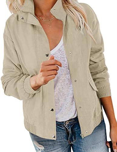 Valpweet Womens Casual Anorak Lightweight Jacket Military Zip Up Snap Button Coat with Pockets