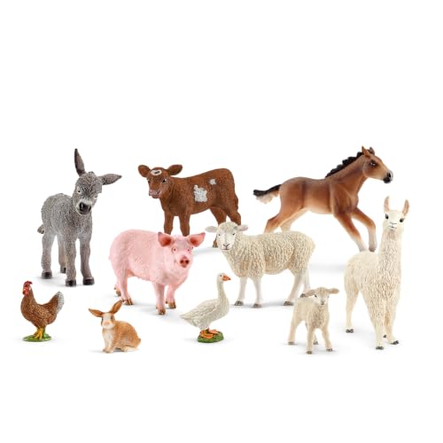 Schleich Farm World Farm Animal Toys for Kids Ages 3+ 10-Piece Mega Realistic Farm Animals Set with Donkey Figurine Sheep Pig Toy and More