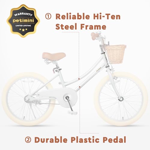 Image of Petimini Vintage Kids Bike for Girls, 12-20 Inch Classic Bicycle with Wicker Basket & Bell, High Tensile Steel Frame, Training Wheels (12-18 inch), 85% Pre-Assembled, Retro Bike for Outdoor Riding
