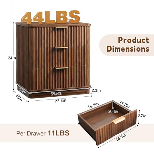 Image of LYNCOHOME 23 inch Full-Fluted Nightstand with Storage,3 Drawers,Curved,Walnut