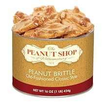 The Peanut Shop of Williamsburg Old Fashioned Peanut Brittle Candy, Hand Pulled Copper Kettle Cooked, Gluten Free Ingredients, Kosher Certified - 16 Oz Tin