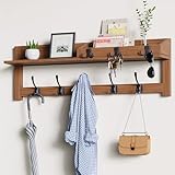 Coat Rack Wall Mount with Shelf, Wooden Entryway Wall Mounted Hanging Coat Hanger with 5 Hooks and 3 Key Hook for Bedroom, Wood 24 Inch Clothes Racks with Shelves, Key Holder, Mail Storage Organizer