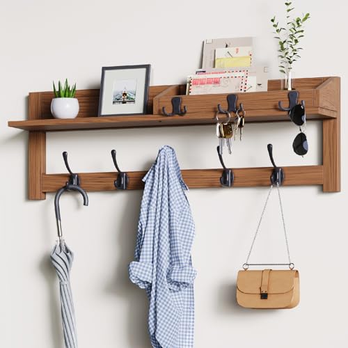 Coat Rack Wall Mount with Shelf, Wooden Entryway Wall Mounted Hanging Coat Hanger with 5 Hooks and 3 Key Hook for Bedroom, Wood 24 Inch Clothes Racks with Shelves, Key Holder, Mail Storage Organizer