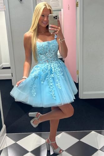 Lace Applique Tulle Homecoming Dresses for Teens 2025 Spaghetti Straps Short Prom Dress for Party4