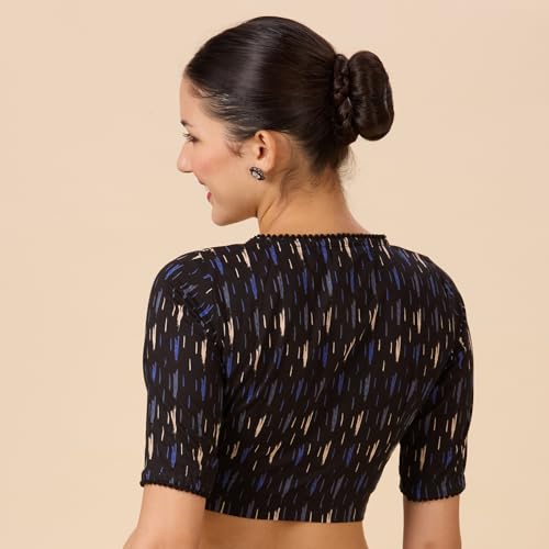 Image of Studio Shringaar Women's Cotton Ikat Printed Elbow Length Sleeves Saree Blouse