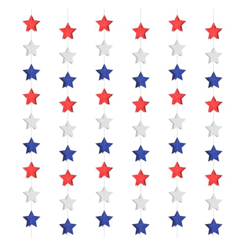 Image of 4th of July 3D Star Garland Streamer, 6 Pack Red White and Blue Garlands, Pre-Assembled 4th of July Star Streamers Decorations, Patriotic Memorial Day Independence Day Banner Party Supplies