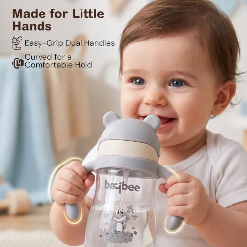 Image of BAYBEE Insulated Baby Sippy Cup for Kids 300 ml | Anti Spill Sipper Bottle with 360 Weighted Straw & Rotating Handle | V Type Straw Bottle BPA Free & Non Toxic for Toddler 6+Months (Grey)
