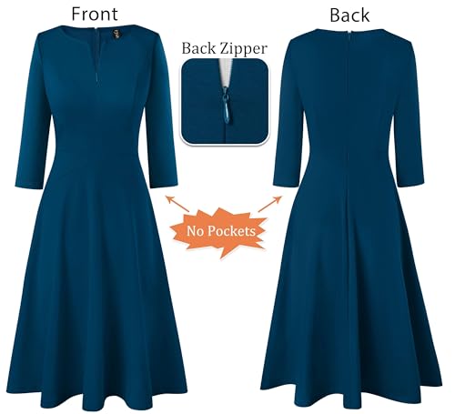 Image of VFSHOW Womens Work Business Front Zipper A-Line Dresses 3 /4 Sleeve Office Church Fit and Flare Skater Swing Knee Length Dress