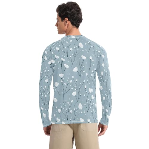 Bolaz Mens UV Protection Shirts Rash Guard Long Sleeve UPF 50+ Haze Blue Flowers Quick Dry S2