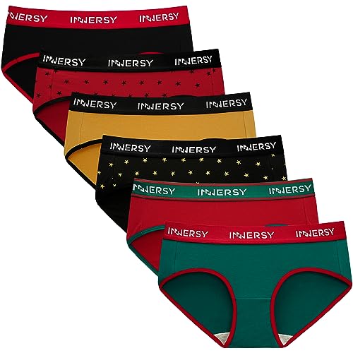 INNERSY Bragas Algodon Mujer Hipster Suave Braga Deportiva Braguitas Elásticas Navidad Pack de 6 (M, Multicolor Brillante)