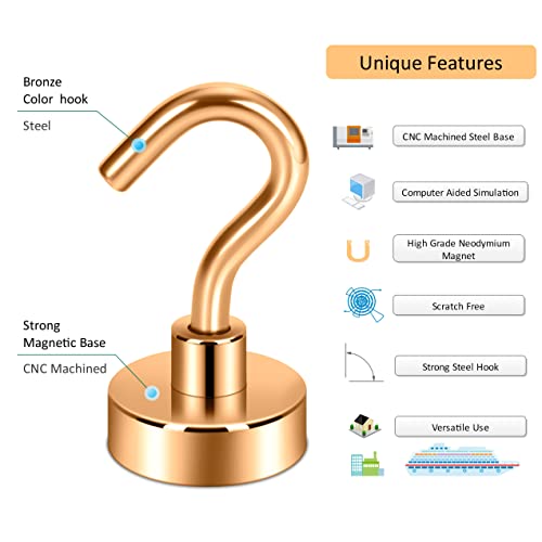 Image of Neosmuk Magnetic Hooks, 22 lb+ Heavy Duty Earth Magnets with Hook for Refrigerator, Extra Strong Cruise Hook for Hanging, Magnetic Hanger for Cabins, Grill (Bronze, Pack of 6)