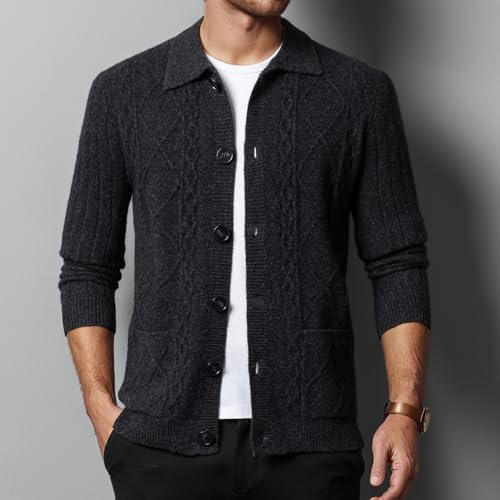 Mens 100% Wool Lapel Cardigan Sweater Cable Knitted Button Down Sweaters Chunky Fall Winter Outwear with Pockets3