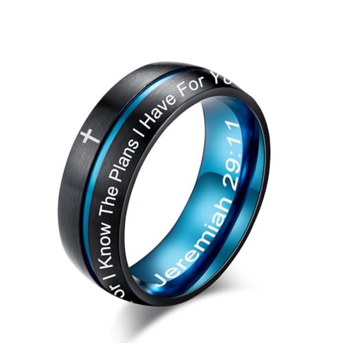 8MM Cross Christian Religious Scripture Dome Grooved Center Bicolor Ring, Comfortable Fit Custom Engraving Amulet Inspirational Jewelry for Men Women Ideal Easter Gifts, Size 7 to 12