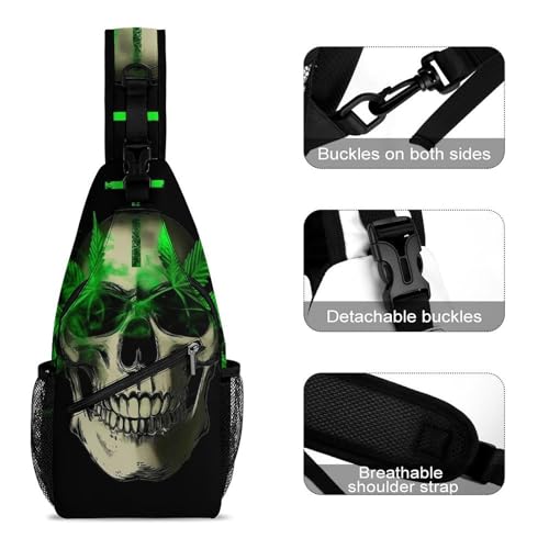 Womens Sling Bag with Adjustable Strap, Cute Skull Weed Leaf Leaves Green Black Reusable Lightweight Crossbody Bag, Versatile Chest Bags for Travel, Party3
