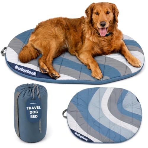 Image of Travel Dog Bed (42 inch x 30 inch) - Foldable & Packable for Travel, Road Trip, Camping - Lightweight, Water Resistant & Cozy Soft Padding - Compact, Portable & Machine Washable - Medium & Large Breeds: Blue
