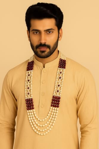 Image of I Jewels 4 Layered Traditional Gold Plated Dulha Moti Mala with Beaded Maharaja Haar /Groom Necklace for Men
