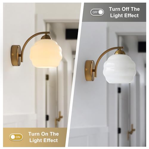 Image of Milk Glass Wall Sconce Brushed Gold Wall Sconce Globe Set of 2 | Mid Century Wall Mounted Light Modern Bathroom Sconces Wall Lighting Bathroom Wall Lamp (bulb not included)