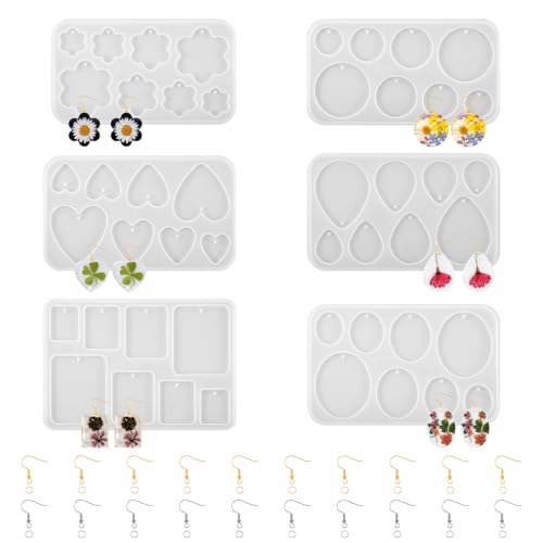 Telooco 6Pcs Resin Jewellery Moulds Clear Silicone Jewellery Making Molds with 20Pcs Jewelry Hooks Epoxy Resin Moulds Earring Making Kit for DIY Gem Cabochon Necklace Jewelry Pendant Crafting