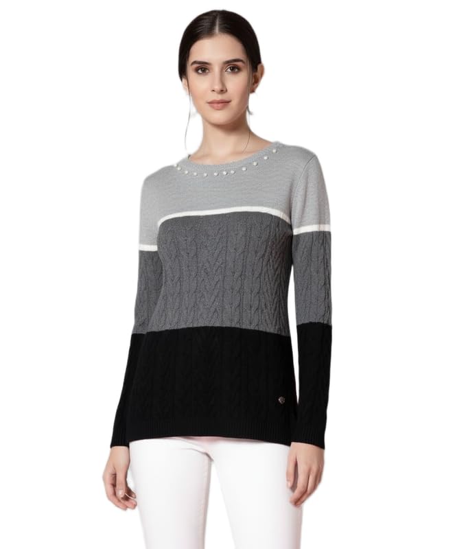 SUHANI Knitted Sweater: Pearl Embellished Crew Neck, Stylish Cable Knit Design - Grey, Black & White Striped Long Sleeve Winter Wear-picture-13