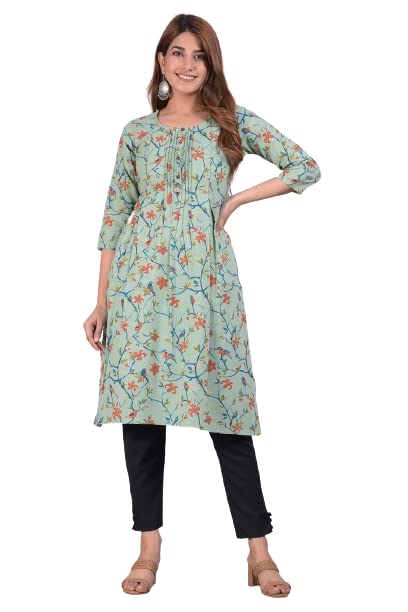PIOUS LIBASWomen's Pure Cotton Floral Printed Dark-Green Single Straight Kurti (68P168KR)