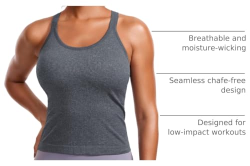 Image of CRZ YOGA Seamless Rib Racerback Tank Tops | Light Support, Built in Bra, Removable Pads, Yoga, Ribbed, High Neck, for Women
