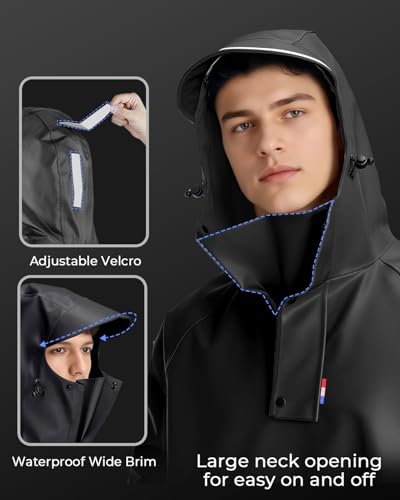 Image of ANYCHO Long Rain Coat for Men Waterproof with Adjustable Hood&Reflective Stripe, Raincoat for Women Waterproof with Waterproof Wide Brim&Hem, Durable PVC Unisex Rainwear for Motorcycle Riding, Hiking