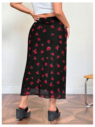 WDIRARA Women's Plus Size Floral Bodycon Skirt Elastic Waist Mesh Lettuce Trim Long Skirts2
