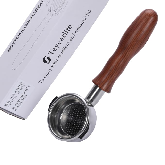 58mm 2 ears Bottomless Portafilter for E61, Flair 58, ECM, Rocket, Sanremo, Synesso, Slayer, VBM Espresso Machine Accessories Made of Stainless Steel and Solid wood