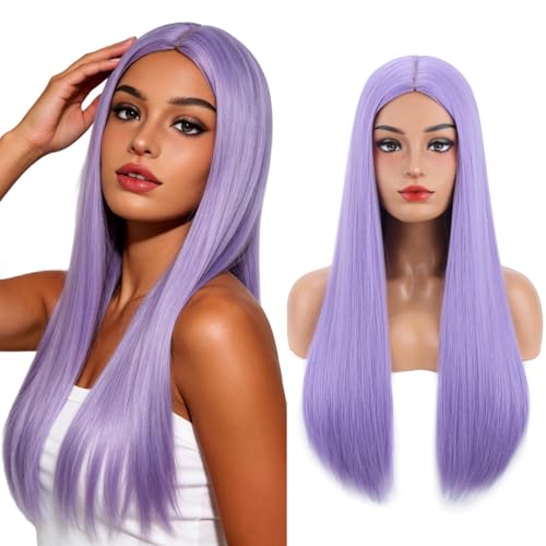 MAGQOO Purple Wigs for Women Lavender Light Purple Long Straight Wig Middle Part Halloween Cosplay Costume