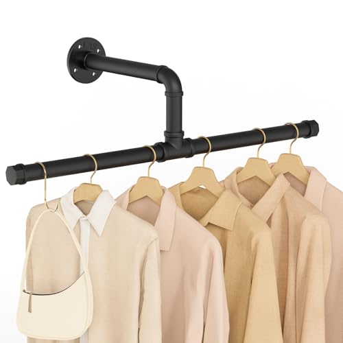 Yawinhe Industrierohr Kleiderstangen, Kleiderständer für die Wand, Rustikale Kleideraufbewahrung, Platzsparenders Wandregal Küchenregal, für kleine Zimmer, Schwarz, 51cm, 1-Pack