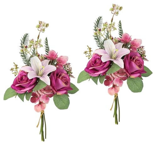 Kunstblumen-Strauß Rosen Lilien Hortensie 35cm 2er Set Blumensträuße Seidenblume Dekoblume Bouquet Hochzeit Blume Mittelstück Tischdeko unecht Grableger Grabschmuck Aufleger GrabdekoGrabblume, Rosa