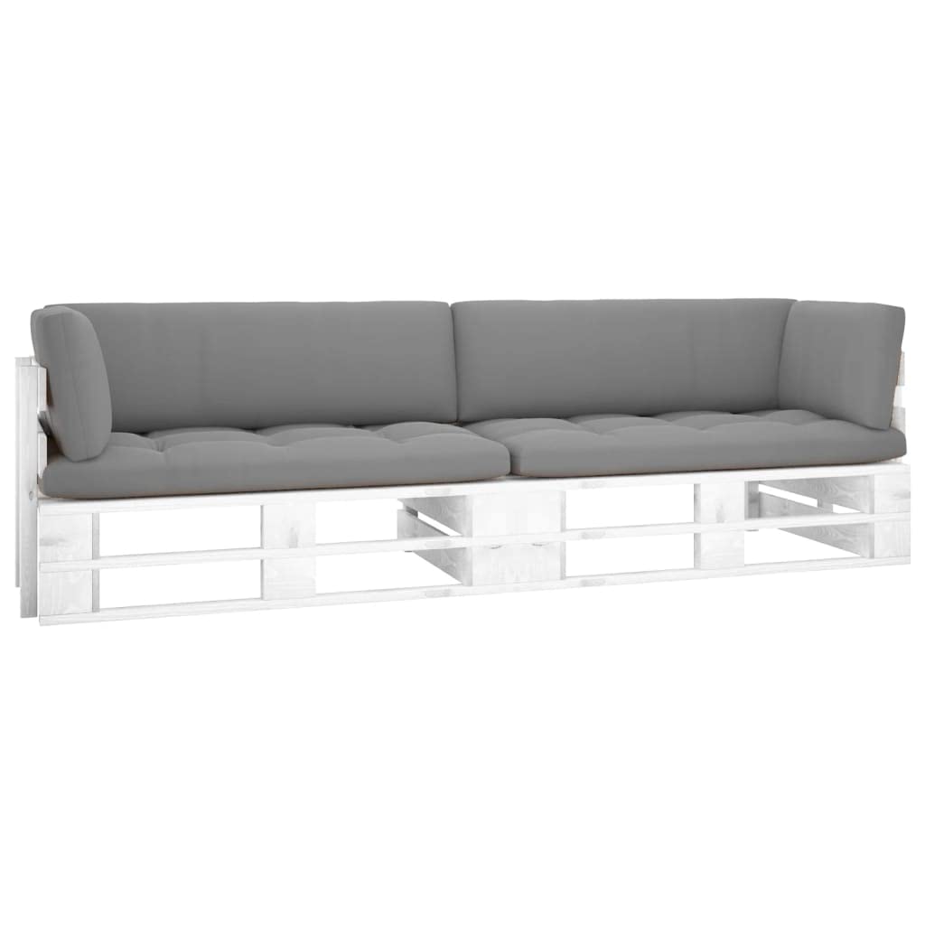 Canapé Palette 2 Places en Bois de pin imprégné de Blanc avec Coussins Gris, Salon Ensemble modulable pour Jardin, terrasse, Patio, Balcon, Assise détente intérieur extérieur