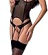 Selente Luxury Love 3-teiliges Damen Dessous-Set aus Ouvert-Corsage mit Strapshaltern, Slip und exklusiver Satin-Augenbinde Made in EU, Schwarz-Mesch-Ouvert,Gr. S-M