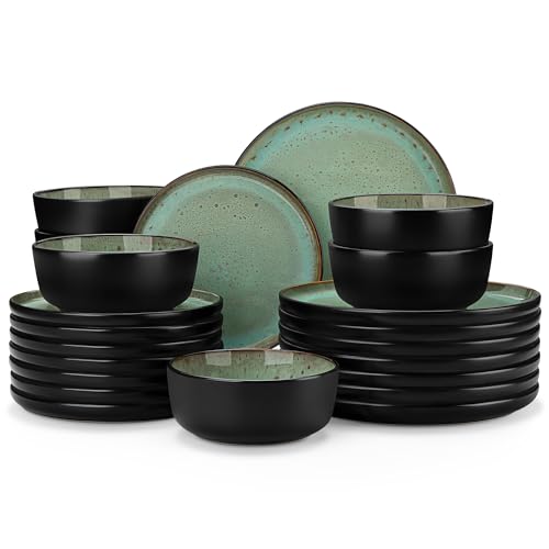 Image of vancasso Plates and Bowls Sets, 24 Pieces Stoneware Dinnerware Sets for 8, Kitchen Dish Set Mircowave and Dishwasher Safe Ceramic Dishware, Turf Green, Series AMBER