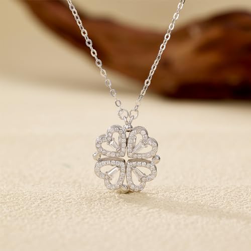 Lucky Dainty Four Leaf Folding Pendant Necklace 18K Gold Plated 925 Sterling Silver Heart Crystal Cubic Zirconia Diamond Collapsible Necklace Anniversary Birthday Gift for Mother Teen Girls (Silver)4