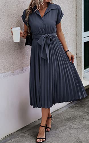 Image of ECOWISH Womens Casual Midi Dresses Solid V Neck Short Sleeve Button Shirt Belted Dress with Pockets for Spring Summer 2026
